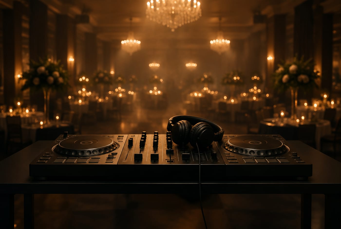 Stanowisko DJ-skie ze słuchawkami na tle sali przygotowanej na przyjęcie